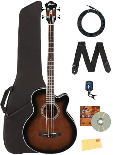 Ibanez AEB10E Acoustic-Electric Bass Guitar - Dark Violin Sunburst Bundle with Gig Bag, Tuner, Strap, Instrument Cable, Austin Bazaar Instructional DVD, and Polishing Cloth
