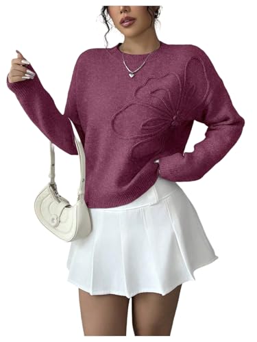 Image of RoseSeek Women's 3D Floral Appliques Crewneck Sweaters Long Sleeve Drop Shoulder Pullovers Elegant Knit Tops