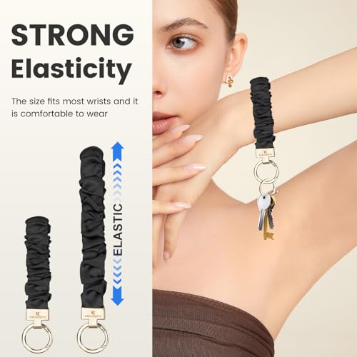 Image of Scrunchie Keychain Wristlet, Key Chain for Car Keys with D Ring, Stretchy Phone Charms with Tether Tab for Women.