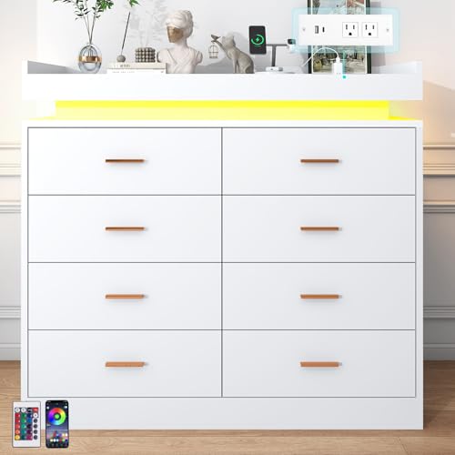 Image of jiteentarou 8 Drawer Dresser with Charging Station and LED Lights, Modern Chest of Drawers with Power Outlet, Organizer Cabinet for Bedroom, Living Room, White