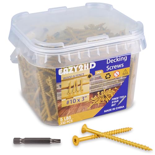 Image of Eazy2hD Deck Screws # 10 x 3 Inch, 330Pcs, Carbon Steel Exterior Wood Screw | Epoxy Coated Rust Resistant, Construction Screw for Fence Framing Drywall, Tan, 5 Lb, Torx /Star Drive Head, T25 Bit Included