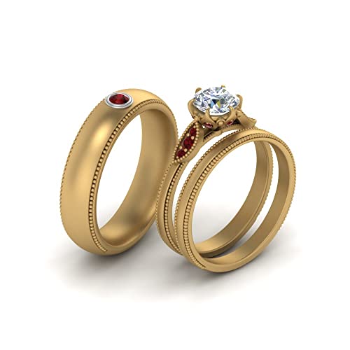 Image of Choose Your Gemstone Milgrain Matching Wedding Set for Couples Yellow Gold Plated Round Shape Wedding Ring Sets Matching Jewelry Wedding Jewelry Easy to Wear Gifts US Size 4 to 12