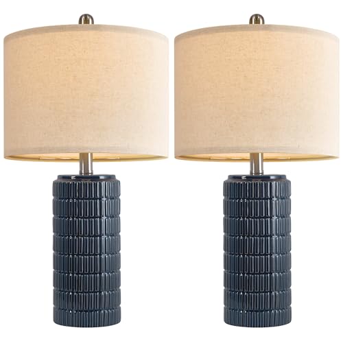 Image of PoKat 23 inch Blue Table Lamps, Farmhouse Bedside Lamps for Bedroom Set of 2, Ceramic End Table Lamps for Living Room, Traditional Nightstand Desk Lamps, Medium