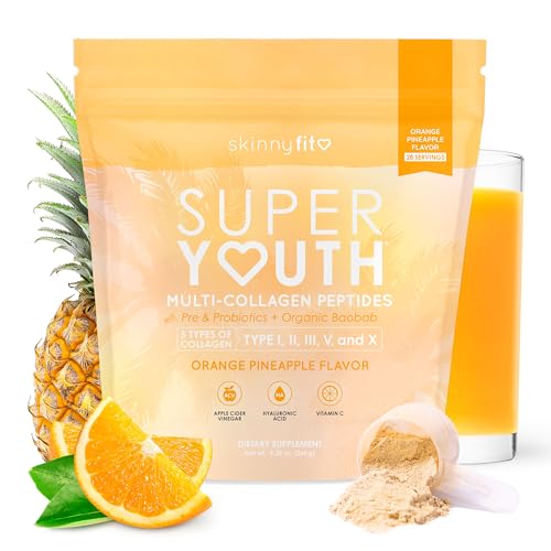 SkinnyFit - Super Youth Collagen for Women - Multi Collagen Peptides Powder - Probiotics Fiber Hyaluronic Acid - Non GMO Gluten Free Sugar Free - Beauty - Orange Pineapple (28 Servings)