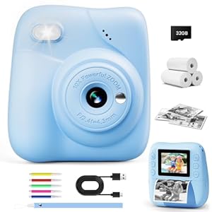 CAMCLID Kinderkamera Sofortbildkamera, 1080P Sofortbildkamera Kinder mit 32GB Karte & 3 Rollen Druckpapier, 48MP Digitalkamera Kinder Kamera, Geschenk für Jungen und Mädchen 3-12 Jahre (Blau)