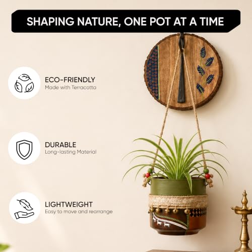 Image of AAKRITI ART CREATIONS Wall Hanging Planter with Hook | Jute Embellished Brown Earthen Planter on Round Wall Hook, Floral Art, Matte Finish | Metal, Terracotta & Wood