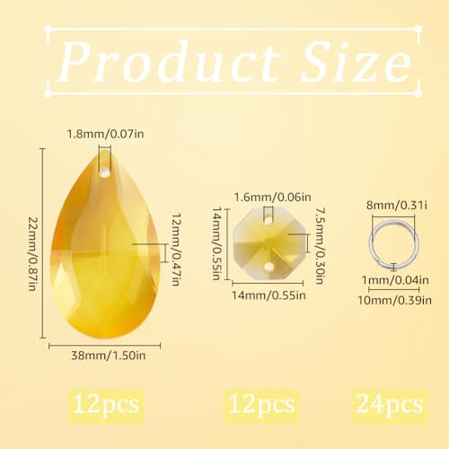 SOFPLATE 1 Box 12 Pack 38mm Yellow Crystal Chandelier Prisms Glass Suncatcher Prism Teardrop Crystal Chandelier Pendants Octagon Links Jump Rings for Christmas Wedding Party Decor Chandeliers Hanging - Image 2