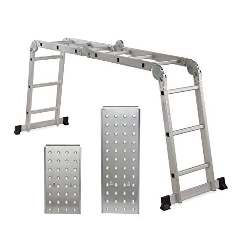 Preisvergleich Produktbild Relaxdays Mehrzweckleiter, 4x3 Sprossen, mit Plattform, verstellbar, Alu Gelenkleiter, ausgeklappt HxB 360x80 cm, silber