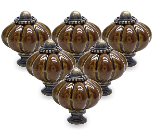 Cjueiom Embalagem de 25 maçanetas de cerâmica para gavetas, cor castanho café, maçanetas de cerâmica de abóbora, maçanetas de armário vintage com parafusos de montagem, alças antigas de armário de