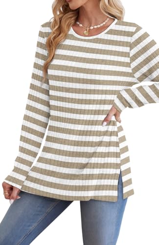 Image of Jescakoo Long Sleeve Shirts for Women Crew Neck Fall Tops Side Split Lightweight Tunic Sweaters Fashion Clothes 2025 S-4XL