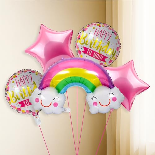 Image of Party Propz Rainbow Theme Decoration For Birthday - Set of 5 Pcs Rainbow Balloon For Decoration Combo | Happy Birthday Foil Balloon | Star Foil Balloons For Decorations | Pink (Foil)