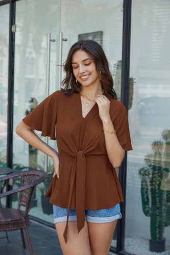 Image of GRACE KARIN Women's Elegant V-Neck Tie Waist Flowy Peplum Shirt Tops