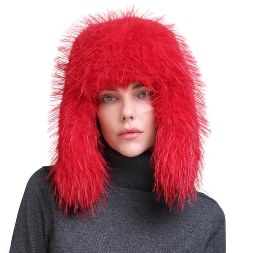 Faux Fur Hat Winter Women Furry Fluffy Snow Cap Windproof Hat Fashion Thick Warm Earmuffs Coldproof Caps Ear Protection Hat (US, Numeric, 5 7/8, 6, Red)