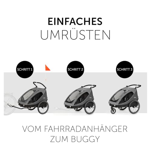 hauck Dryk Duo, Grey - 2in1 Fahrradanhänger & Kinderwagen für 2 Kinder ab 6 Monaten bis 22 kg/120 cm/4 Jahre, für Zwillinge & Geschwister, Faltbar, XL Stauraum, für Fahrrad, E-Bike & Pedelec