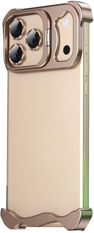 No Back Metal Frame Case for iPhone 17/17 Air/17 Pro/17 Pro Max, Lens Kickstand Heat Dissipation Cover, Shockproof 4-Corner Raised & Anti-Fingerprint(Gold,17 Pro Max)