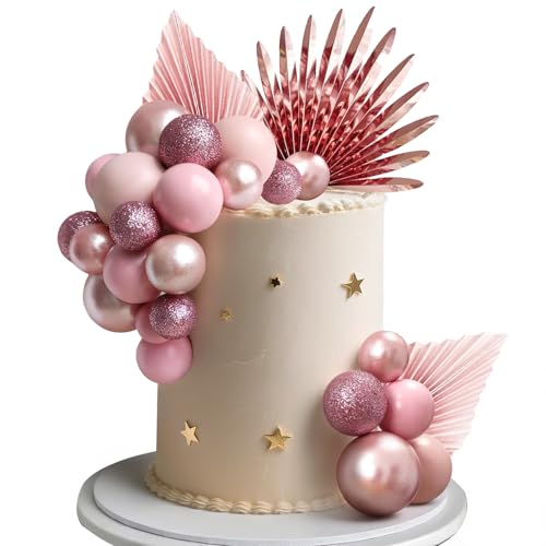 34 peças decoração bolos de aniversário, decoração de bolo bolas rosa, Cake Toppers folhas de palma, ornamentos para bolos boho para aniversários, casamentos, Baby Shower