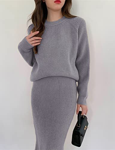 Image of chouyatou Women's Two Piece Sweater Skirt Sets Knit Sweater Top Bodycon Skirt 2 Piece Outfits