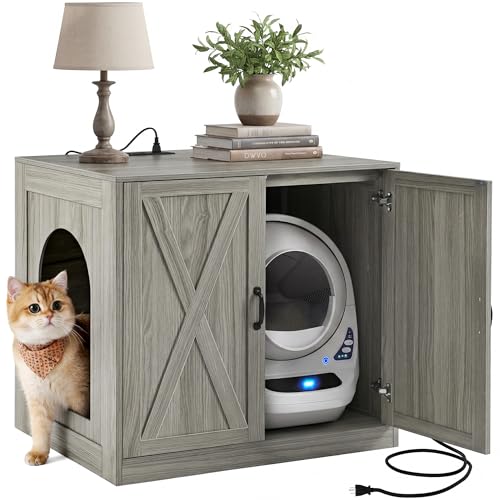 YITAHOME Large Hidden Litter Box Furniture with Power Outlets Wooden Cat Litter Box Enclosure for Self-Cleaning Litter Boxes Indoor Wooden Storage Cat Cabinet Wash Grey