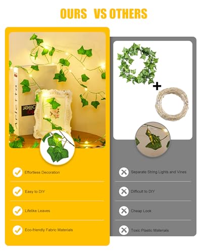 Image of Minetom Vine Lights for Bedroom, 21ft 60LED Fairy Lights Battery Operated with Remote Control, 8 Lighting Modes Ivy Vines String Light for Bedroom Room Wall Wedding Christmas, Warm White