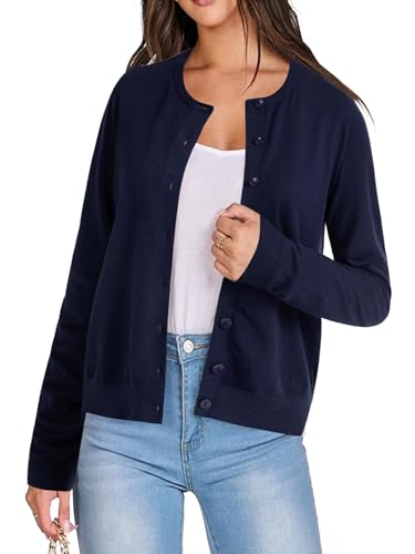 Image of LYANER Women's Striped Cardigan Crew Neck Button Down Open Front Long Sleeve Knit Cardigans Sweater