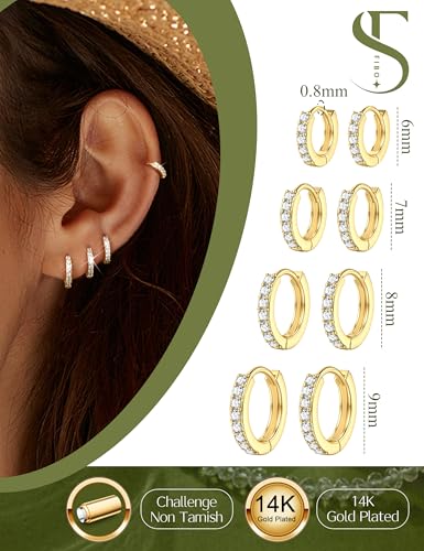 Small Gold Silver Hoop Earrings Set for Women - Hypoallergenic 14K Gold Plated Earring Stack Cartilage Earrings Dainty Huggie Hoops Earrings for Multiple Piercing Lightweight 4Pairs4