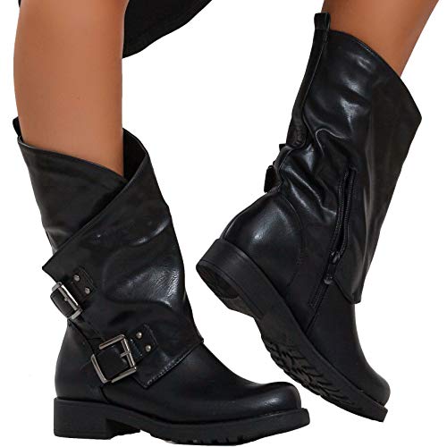 Toocool - Damen-Stiefel Biker Boots Motorradstiefel Schnallen SA9907, Schwarz - Schwarz - Größe: 39 EU