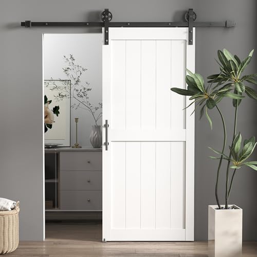 HOMCOM Puerta corredera interior de pared, 81,3 x 213,4 cm, riel de acero, tirador mejorado, ruedas, puerta de interior de estilo industrial, de MDF y madera de pino, impermeable, para cocina, baño