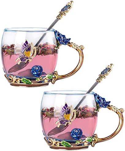SHEEYEE Glass Coffee Mugs with Spoon, Enamel Butterfly Rose Flower Tea Cups with Decorative Handle Tea Sets for Women Gift 11 oz.(2 Sets)