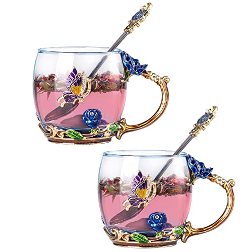 Sheeyee Glass Coffee Mugs With Spoon, Enamel Butterfly Rose Flower Tea Cups With Decorative Handle Tea Sets For Women Gift 11 Oz.(2 Sets) #TOP13