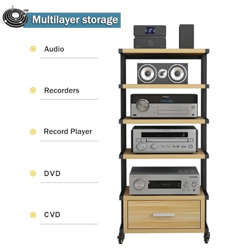 6-poziomowy mini stojak HiFi z kółkami, kompaktowy stojak na komponenty audio, drewniana i stalowa półka gramofonowa, do winylowych odtwarzaczy DVD i przechowywania multimediów, idealny sprzęt do gier