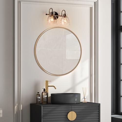 Image of KSANA Modern Bathroom Vanity Lights, 2 Light Vanity Light Fixtures for Bathroom Black and Electroplated Brass Finish Mid-Century Wall Lamps with Water Ripple Glass