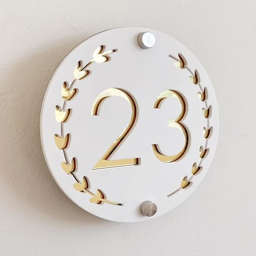 Round Garland Personalized 3D Acrylic House Number Plaque, Bicolor Floating Numbers (White and Gold) for Indoor and Outdoor, Perfect for Homes, Hotels, Apartments and Business.