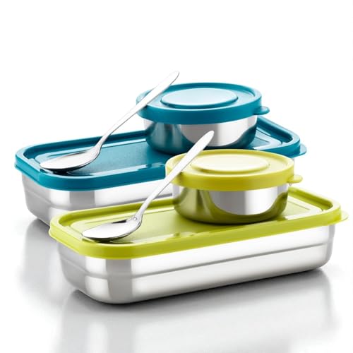 Image of TOFEE Big Stainless Steel Lunch Box for Office & School | Leak-Proof Tiffin with Small Container & Spoon | BPA-Free Airtight Lid | Compact & Durable Lunch Box for Travel (900ml) (Yellow + Blue)
