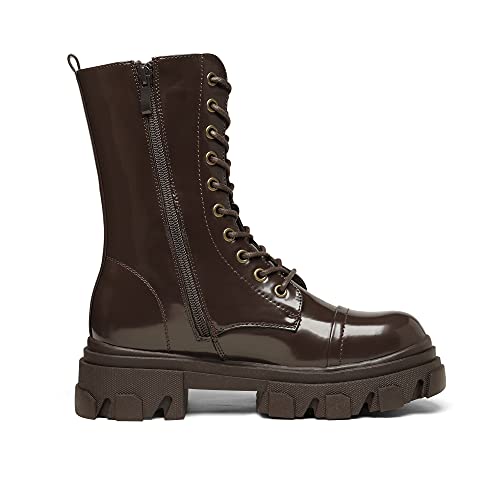 Image of DREAM PAIRS Women's Combat Boots Lace up Mid Calf Boots Low Heel Chunky Platform Lug Sole Riding Boots