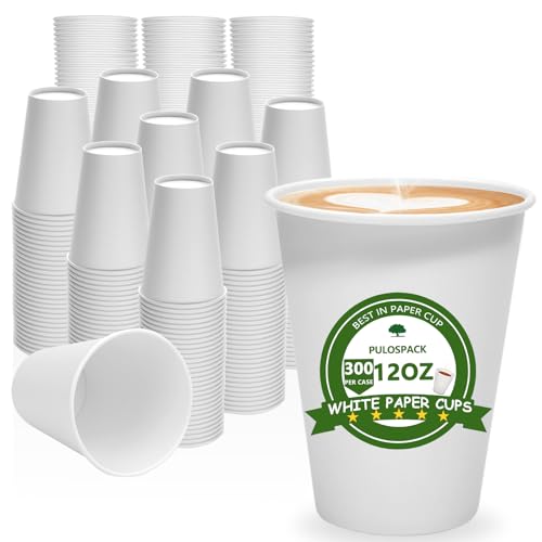 PULOSPACK 300Count 12 oz Disposable Paper Coffee Cups - Leak-Proof, Food-Grade, BPA-Free White Hot/Cold Beverage Paper Cups, Ideal for Office, Cafe, Party, Home, Travel and Event (300)