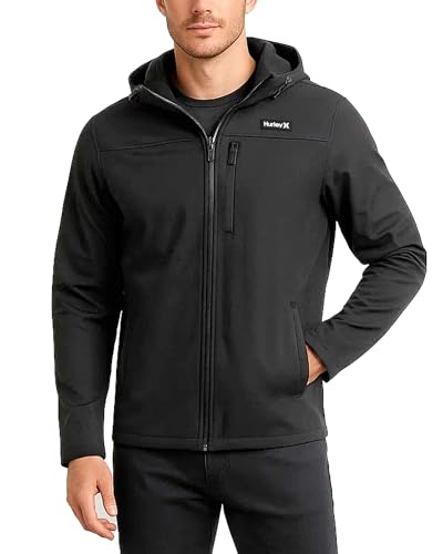Hurley Mens Soft Shell Micro Fleece Jacket - Water Resistant Performance Stretch Woven Lightweight Jacket for Men (Size S-XL) Size Large Black