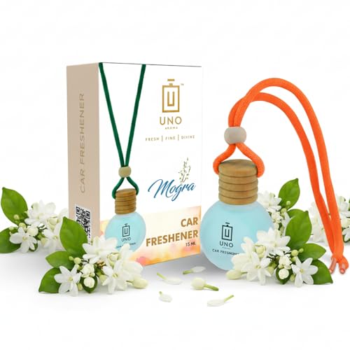 Image of UNO AROMA Mogra Car Air Freshener, 15ml, Long Lasting Hanging car perfume, Toxin-Free Oil in Glass Bottle with Wooden Diffuser, Car Accessories for fresh aroma, Last Upto-60 Days