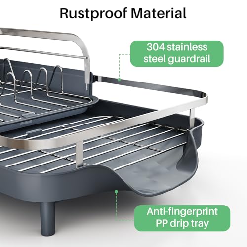 Image of SAYZH Dish Drying Rack - Expandable Dish Rack for Kitchen Counter, Rust-Resistant Dish Drainer with Utensil Holder and Raised Guardrail, Kitchen Organizer for Cup and Bottle (Grey)