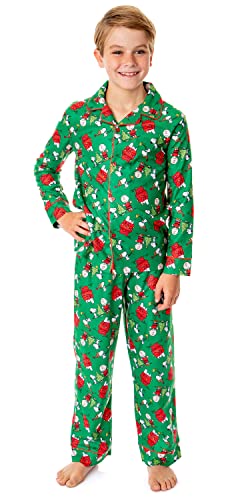 INTIMO Peanuts Boys' Christmas Snoopy Charlie Brown Home For The Holidays Button Down Sleep Pajama Set