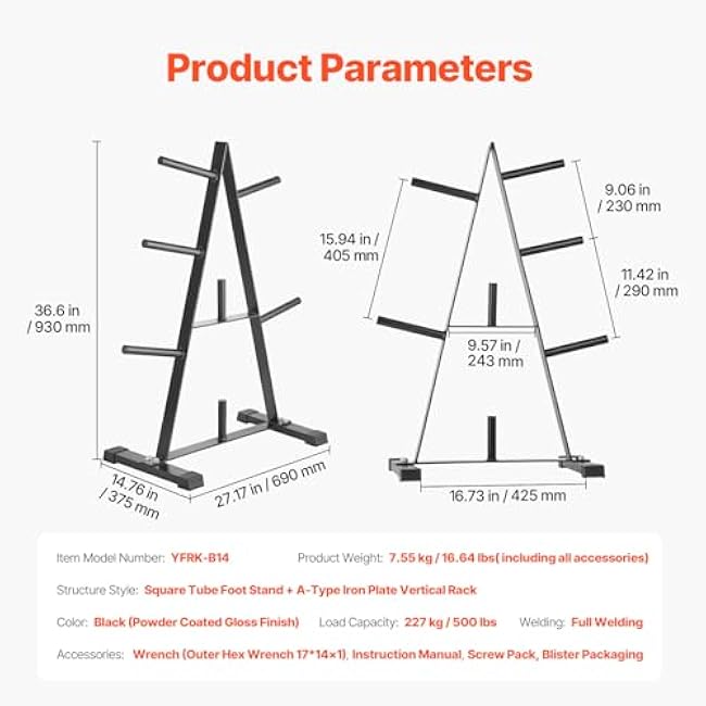 VEVOR Weight Plate Rack, A Frame Weight Plate Tree for 1-Inch Weight Plates, Standard Weight Plate Tree, 500 lbs Load Capacity Weight Storage Holder, Home Gym Barbell Rack Storage Stand, Black