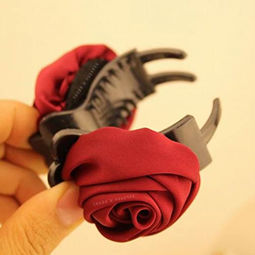 Image of Young & Forever Red Rose Fabric Flower Hair Claw Clip for Women & Girls | Large Glossy Black Acrylic Hair Catch Clutch for Thick & Long Hair | Elegant Floral Hair Accessory for Weddings, Parties & Everyday Wear