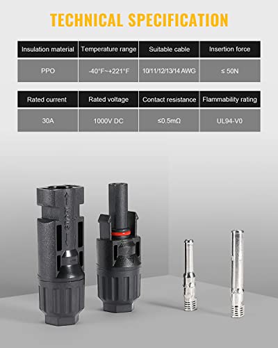 BougeRV 100PCS Solar Connector with Spanners IP67 Waterproof Solar Panel Cable Connectors Male/Female 50Pairs(10AWG)