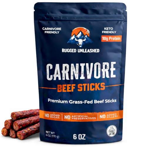 Rugged Unleashed Grass Fed Beef Sticks – Premium Carnivore Snacks With High Protein Meat Sticks, Savory Beef Jerky Snack Sticks, No Nitrates, Zero Sugar, Keto, Paleo & Carnivore Diet Friendly, 6 oz pack