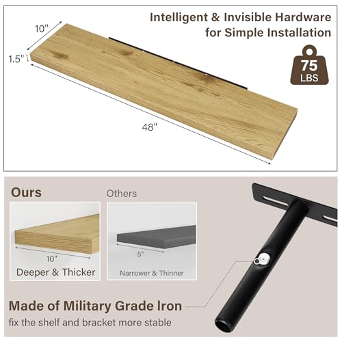 Image of Acovy 10 inch Extra Deep Floating Shelves for Wall, 48 inch Long Wood Wall Shelves Set of 2 for Bathroom Bedroom Kitchen Living Room Laundry Room, Modern Floating Shelf for Home Decor