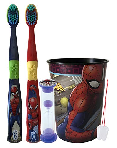 Marvel Avengers Bright Smile Oral Hygiene Bundles Turbo Powered Toothbrush, Brushing Timer and Mouthwash Rinse Cup. Plus Dental Gift Bag and Tooth Saver Necklace (4 Piece Manual, Spiderman)