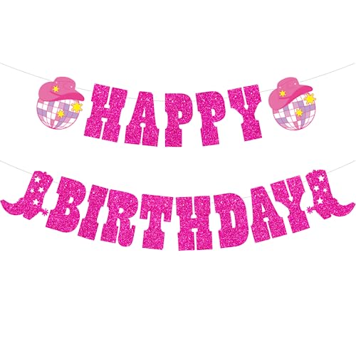 Image of Western Cowgirl Happy Birthday Decorations,Glitter Banner Boot and Cowgirl Hat Disco Ball Garland for Disco Party Girls Birthday Bachelorette Party