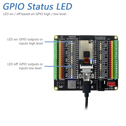 Freenove Breakout Board for ESP32 / ESP32-S3 WROVER WROOM, Terminal Block Shield HAT with Pin Header, 5V 3.3V Power Outputs, GPIO Status LED