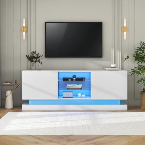 KOMHTOM Meuble TV Moderne avec éclairage LED 16 Couleurs, Meuble télé avec 2 Portes et des séparations réglables, Meuble de Salon avec Rangement (Blanc,...