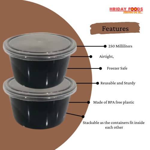 Image of 250ml Round Food Containers with Lids, Set of 25 | Airtight Reusable Plastic Containers | Microwave Safe for Meal Prep, Storage, Takeaway & Food Delivery (Black)