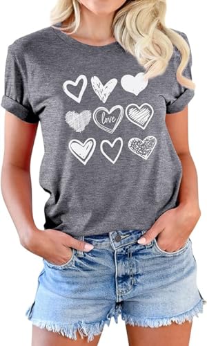 kfulemai Womens Valentines T-Shirt Print Graphic Tees Cute Love Heart Shirts Casual Short Sleeve(XL,Grey-2)